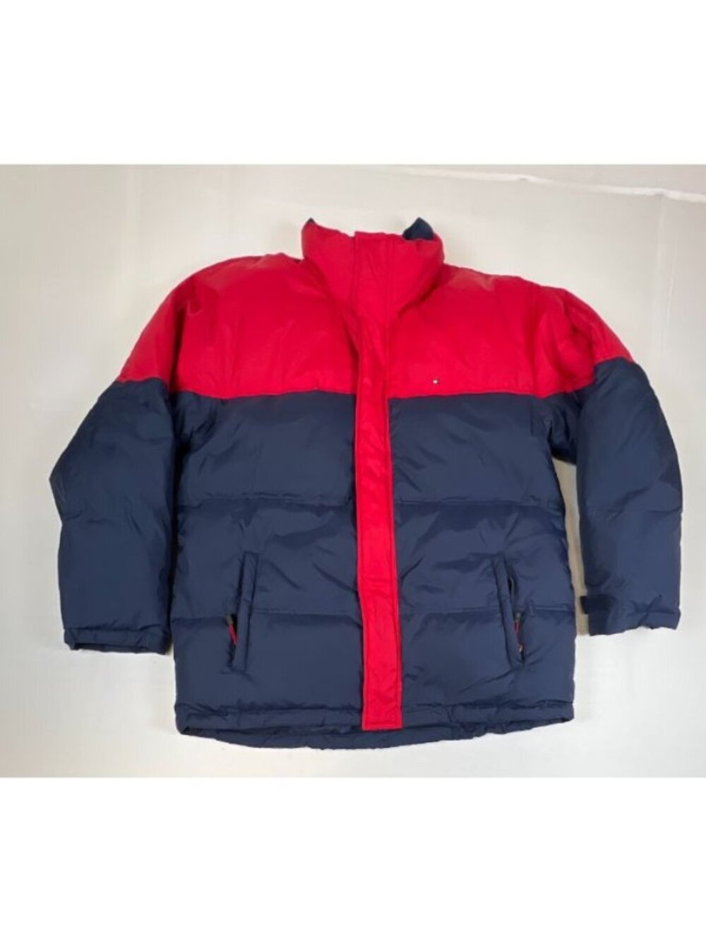 Vtg 90s Tommy Jeans Colorblock Puffer Jacket Red Navy Blue Down Filled Large